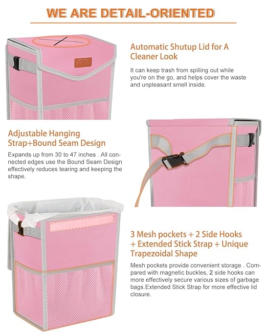 Pritent Car Trash Can with Lid, Cute Leakproof Car Trash Garbage Bag Hanging Vehicle Trash Bin Small Portable Automotive Garbage Cans Organizer for Back/Front Seat/Console(2.8 gal,Pink