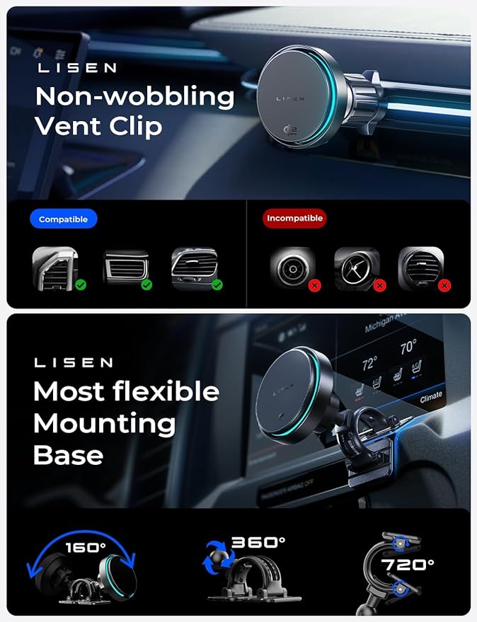 LISEN for Qi2.2 25W MagSafe Car Mount Charger，[Top Spec with Cooling Fan＆95W Fast Adapter] Wireless Car Charger 25W Galaxy S26 Ultra Car Charger Fast Charging for iPhone 17 Pro Max Air 16-12 Series