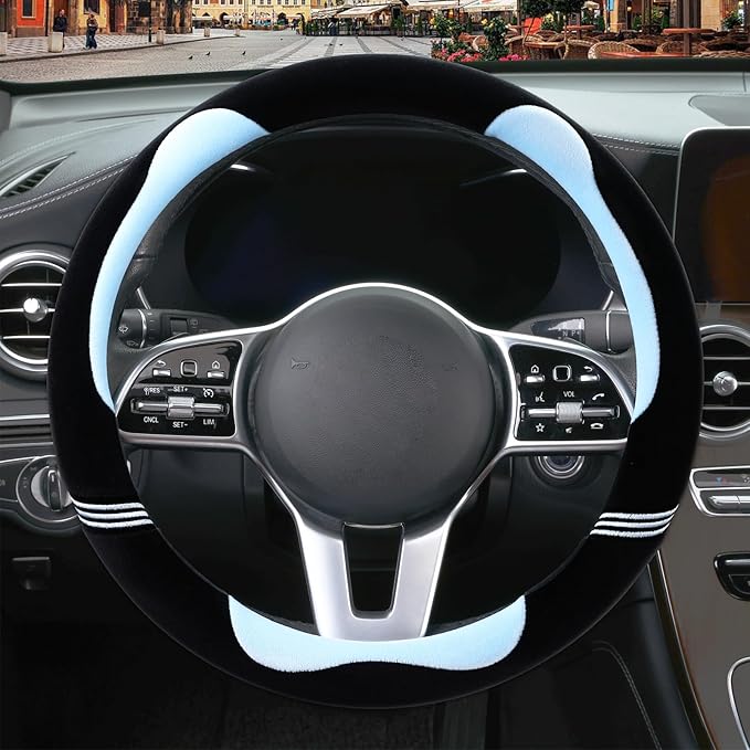 Furry Cute Steering Wheel Cover, Soft Fluffy Short Plush Auto Accessories, Non-Slip Cold-Proof Sweat-Proof Colorfast, Universal 15 inch(Black with Blue)