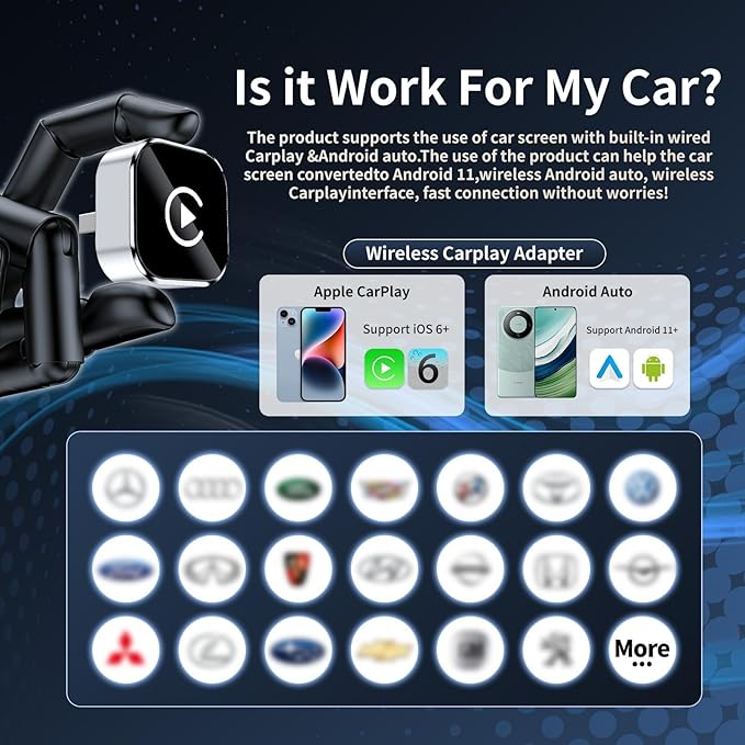 Wireless CarPlay Adapter for iPhone & Android - No Lag, Fast Auto Connect, Stable CarPlay Wireless Dongle, Mini Size Plug & Play USB/USB-C Adapter for Auto Compatible Cars