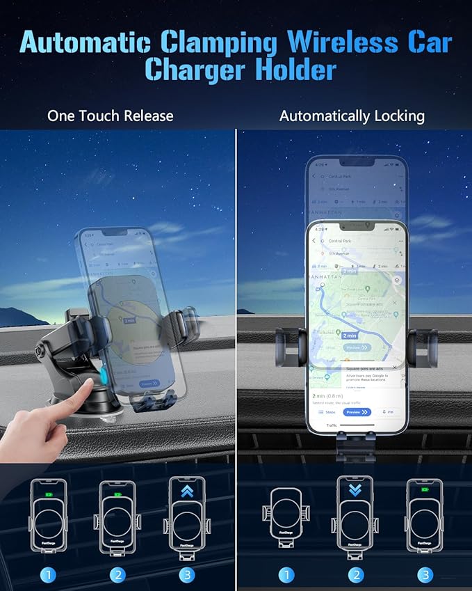 BothLin Wireless Car Charger, Fast Charging Phone Holder 3 in 1 Phone Mount Auto Clamping Car Accessories Compatible with iPhone 17 16 15 14 13 12 11 Xs XR, Samsung S23 Ultra S22 S21 S20(Deep Blue)