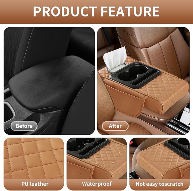 5-in-1 Car Armrest Cushion, Multifunctional PVC Leather Center Console Armrest Pillow Elbow, Universal Arm Box Pad Cover with Cup Holder, Phone Slot, Tissue Box Slot & 2 Storage Bags, Orange