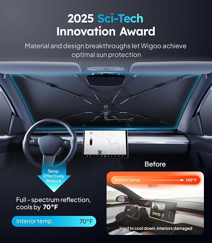 2025 Ice-Shield Car Windshield Sun Shade [100% Sun Block, 4th-Gen Cooling Tech] Reflective Heat Insulation, Portable Foldable Front Window Sunshade Umbrella for Compact Sedans - Universal Fit 53"x29"