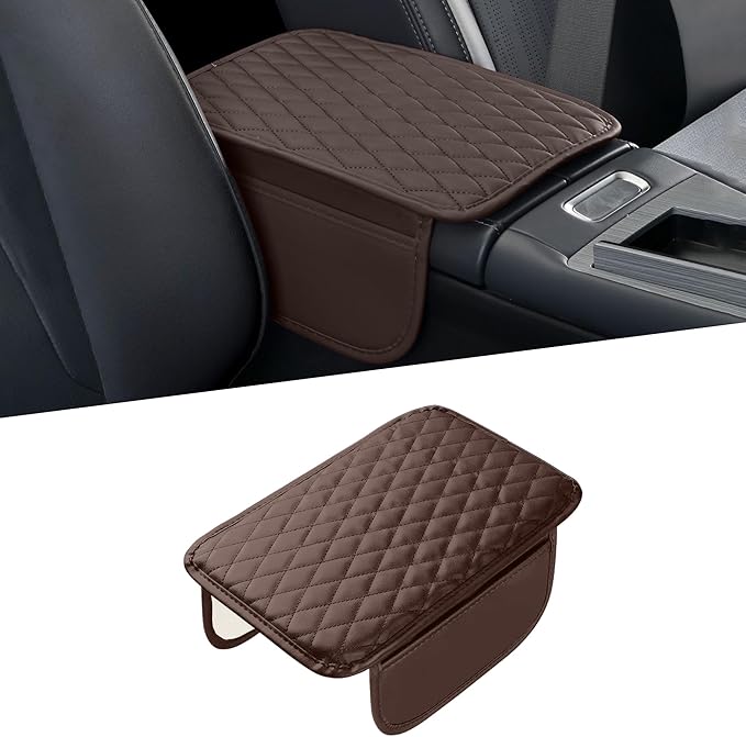 Car Center Console Cover, Universal Center Console Protector Pad with Soft Microfiber Leather & 2 Storage Pockets, Non-Slip Cushion for Car SUV Truck Interior Accessories (Coffee)