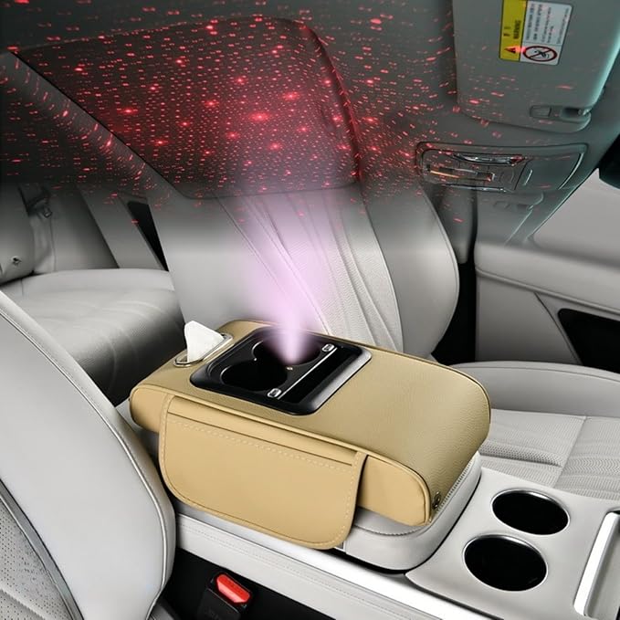Car Armrest Pad Cover with Red Starry Sky LED Projection, Dual Type-C Charging Ports, Leather Car Center Console Cushion with Cup Holder, Tissue Holder (Red Starry Sky LED Projection, Beige)