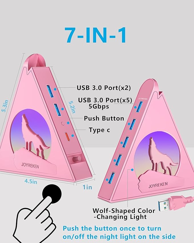 7 USB 3.0 Ports, Howling Wolf Pink USB Hub - 2FT Long Cable, Vertical USB Hub Expander Compatible with PC, Laptop, Flash Drive, HDD, Console, Printer, Keyborad, Mouse