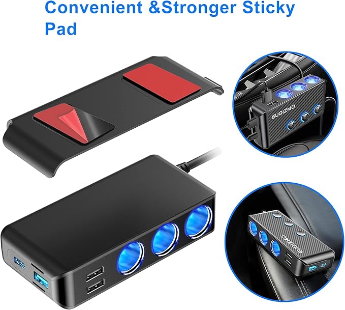EUGIZMO Cigarette Lighter Adapter, 222W 3 Socket Car Cigarette Lighter Plug USB Charger Multi Port 12V Car Plug Outlet Splitter with LED Voltage Display Independent Switches