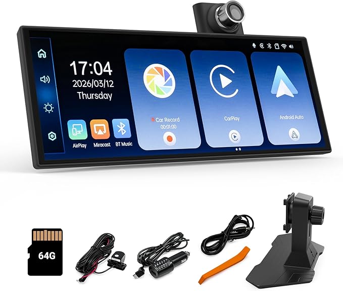 Wireless CarPlay and Android Auto 11.26-inch Touchscreen, 4K Dash Camera and 1080p Backup Camera, Universal Portable car Display, Equipped with 64G Memory Card