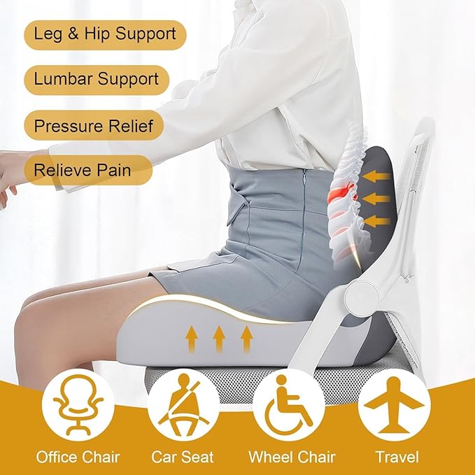 L-Shaped Memory Foam Seat Cushion with Lumbar Support-Ergonomic Car & Office Chair Cushion for Sciatica, Coccyx & Back Pain Relief Supports Hips & Back for Drivers & Long Sitting (Black Grey)