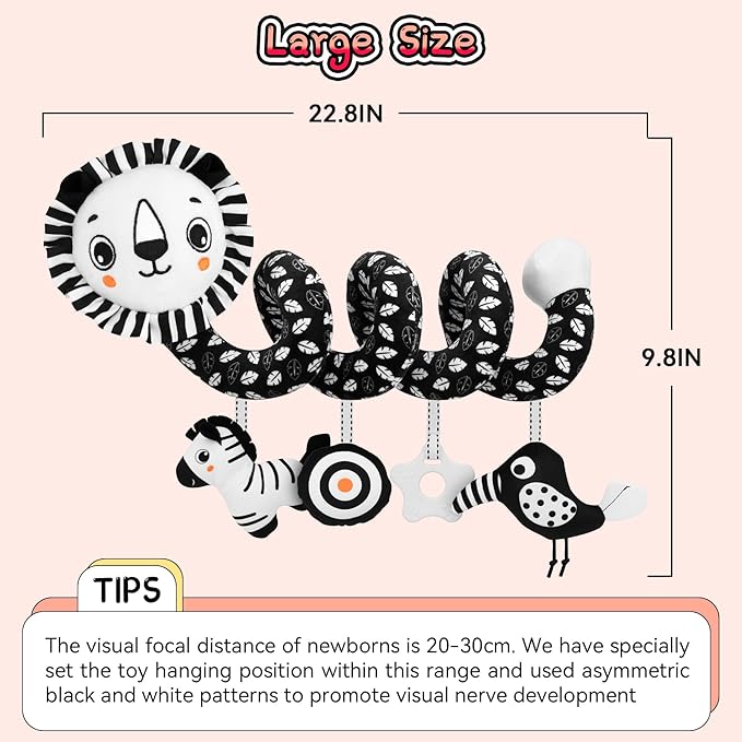 FPVERA Car Seat Toys for Babies 0-6 Months: Travel Baby Toy for Soft Hanging Toys for Carseat, Spiral Plush High Contrast Black and White Toy for Boys Girls