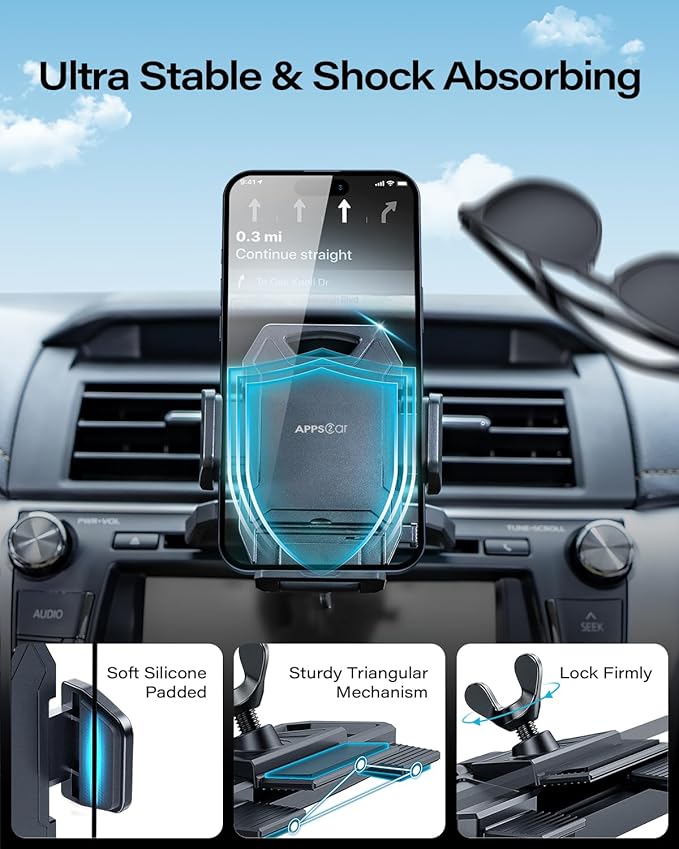 APPS2Car Sturdy CD Slot Phone Mount with One Hand Operation Design, Hands-Free Car Phone Holder Universally Compatible with All iPhone & Android Cell Phones, for Smartphone Mobile