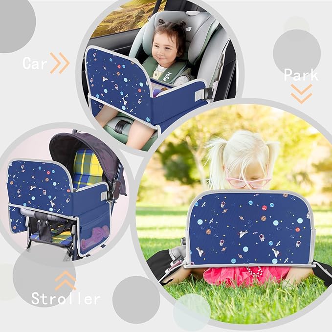 MENZOKE Car Seat Tray for Kids with Educational Drawing Board, Tablet Holder & Cooler Cup Holder, Essential for Car Travel & Airplane Trips, Space Pattern Design, Dark Blue