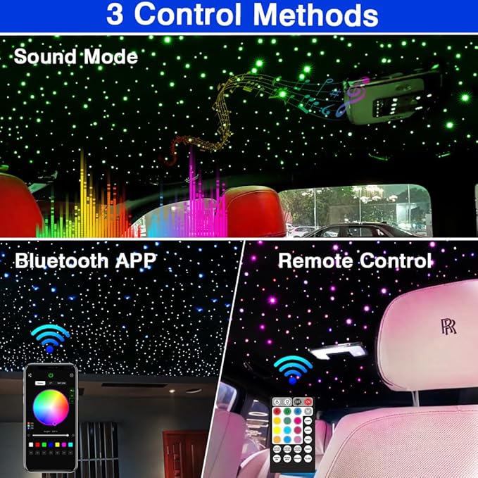 FIREWORK Starlight Headliner Kit, Fiber Optic Lights 10W RGBW Twinkle+Music Effect+APP+Remote, Mixed Diameter Fibers 460pcs of 9.8ft/3m (0.03+0.04+0.06in) for Star Lights for Car/EV & Home Ceiling