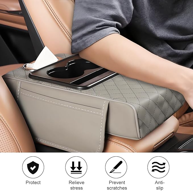 Car Armrest Cushion, 5-in-1 Nappa Leather Vehicle Centre Console Cover with 2 Storage Pockets, Cup Phone & Phone Holder, Multifunctional Auto Organiser Accessories, Universal Fit (Gray)