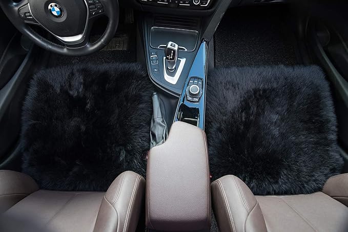 Winter Warmth: Universal Sheepskin Seat Cushion Cover - Natural Wool, for Cars, Trucks, SUVs & Vans - Cozy & Stylish Driving Companion Front Black