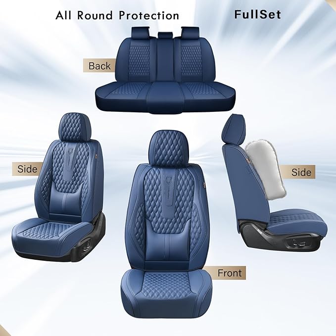 Coverado Car Seat Covers Full Set, Nappa Leather Seat Covers for Car, Waterproof Car Seat Protector with Lumbar Support, Automotive Seat Covers Universal Fit for Most Cars SUV Trucks (Blue)