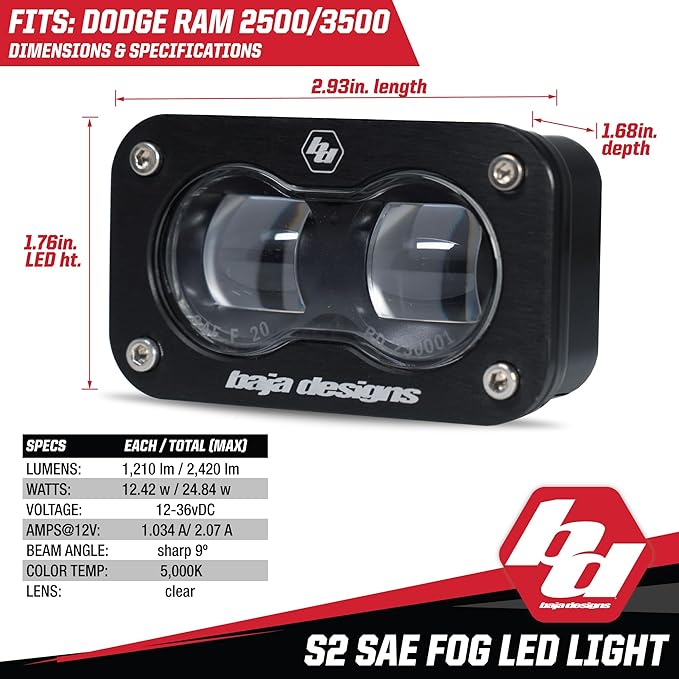 Baja Designs S2 LED SAE Fog Pocket Light Kit for Dodge Dodge Ram 2500/3500 2019+