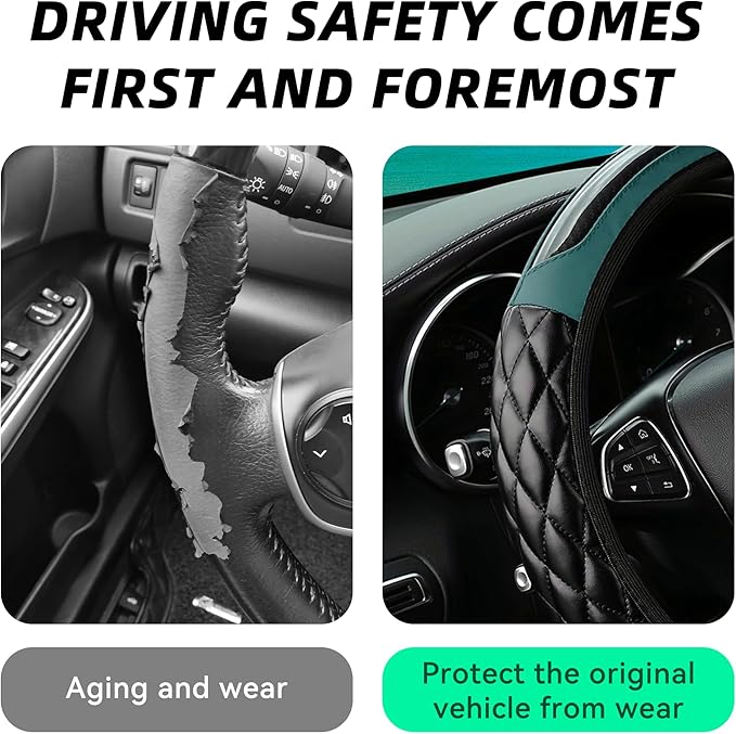 Car Steering Wheel Cover, 14.5-15inch Leather Anti-Slip Car Wheel Cover Protector, Safety Comfortable Desgin, Universal Auto Steering Wheels Accessories for Cars Truck SUV (Dark Green)