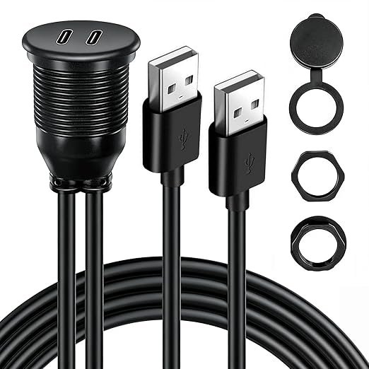 Dual Port USB A 2.0 Male to USB C 2.0 Female Extension Cable,Flush Mount Waterproof Panel Cable for Car,Truck,Boat,Motorcycle Dashboard 3.3ft