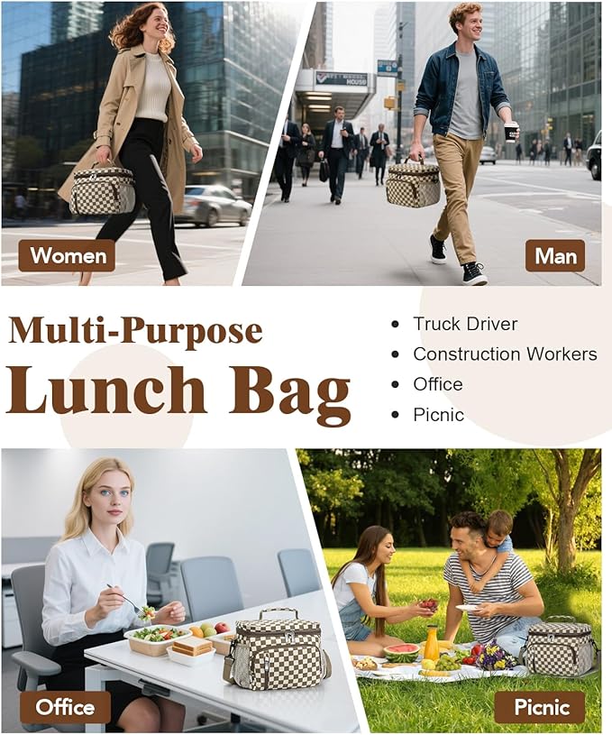 Insulated Lunch Bag for Men & Women, 9L Leakproof Lunch Box Soft Cooler Tote with 5 Pockets, 600D Oxford, EVA Lining, Adjustable Strap for Work, Picnic, Beach&Travel-Corduroy Khaki Checkered