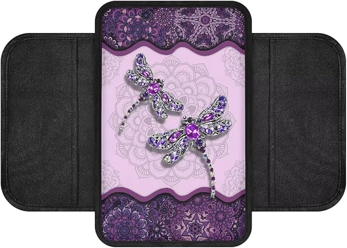 Boho Floral Dragonfly Print Car Center Console Cover Waterproof Vehicle Armrest Cover Pad with 2 Storage Bags Scratch-Resistant Car Armrest Cushion Car Accessories Interior Protection
