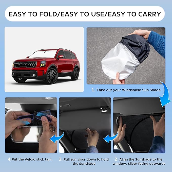 Sun Shade Sunshade for Kia Telluride 2025 2020-2024 Windshield Cover, 4-Layers Sun Shield 250T Silver Sun Visor Foldable Front Window Shade Blocks UV Rays Car Accessories