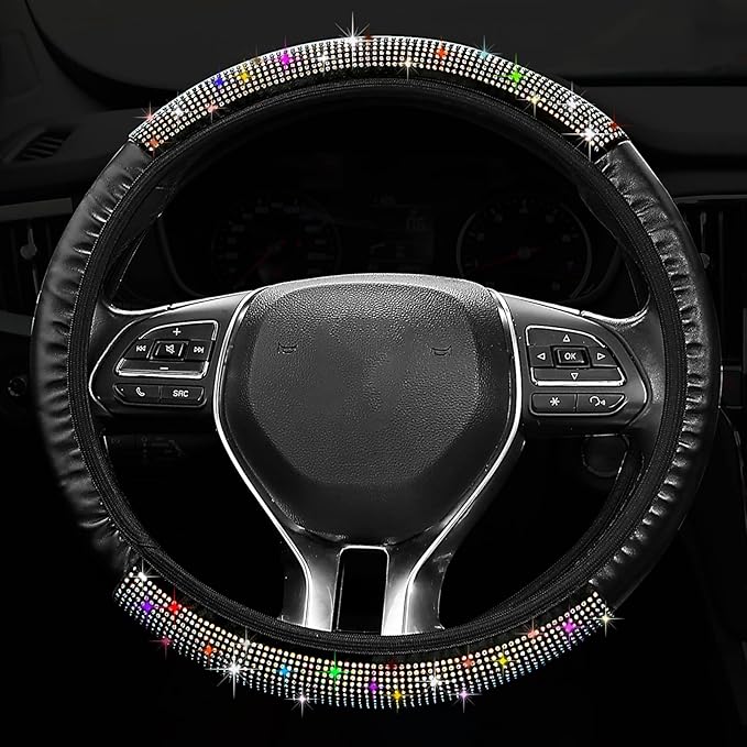 Bling Steering Wheel Cover, Crystal Rhinestone Diamond Steering Cover Universal, 14.3-15.2 Inch Car Steering Wheel Protector for Women or Girls, Easy Installation and Cleaning(Multicolor)