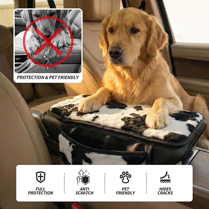 Plush Cow Print Car Center Console Cover with Side Pockets, Fluffy Armrest Cushion Pad,Soft Cow Car Interior Decorations Accessories with Storage for Women,Universal Fit for Vehicles SUV Truck