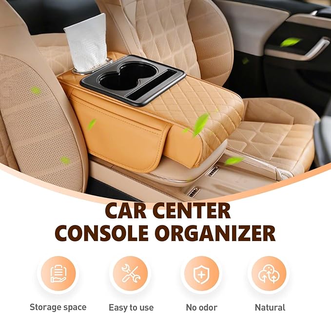 Multifunctional Car Armrest Cushion with Integrated Booster, 2026 Upgraded Universal Style Memory Cotton Car Armrest Box Pad, Car Center Console Armrest Pillow, with 2 Cup Holder (Orange)