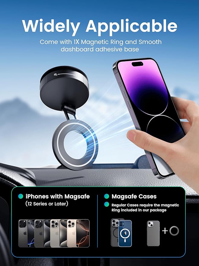 Vacuum Magnetic Phone Holder for MagSafe,Foldable Metal Suction Cup Phone Mount,360° Rotatable Phone Mount for All Smartphones & All Car Models-Black