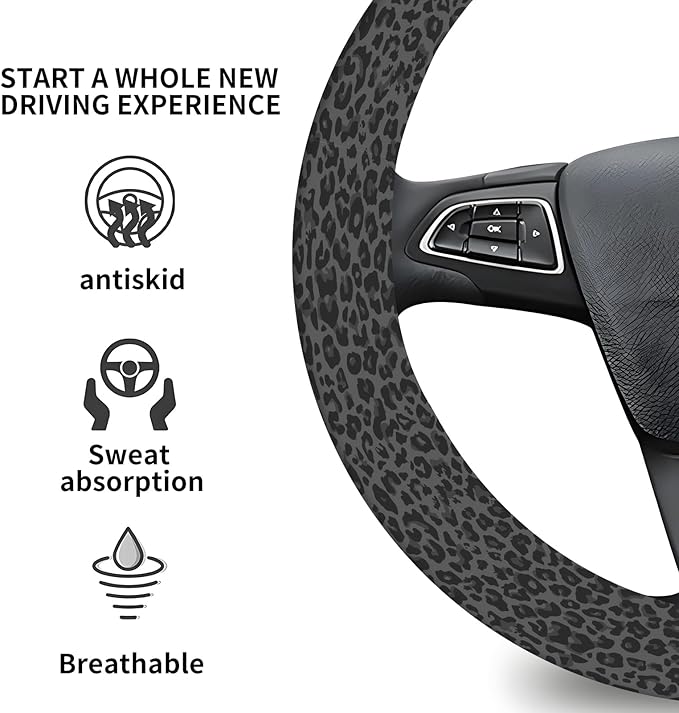 Elastic Car Steering Wheel Cover, Universal 15 inch Non-Slip Breathable Neoprene Steering Wheel Protector, Car Accessories for Women Men Fit Auto, Suvs, Truck Black Leopard
