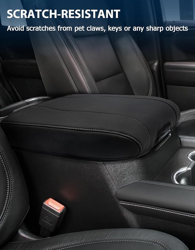 Center Console Cover for Chevy Silverado 1500 Accessories & GMC Sierra 2019-2026, Yukon & Tahoe & Suburban 2021-2026, Bucket Seat Only, Vinyl Armrest Middle Console Cover, Black-Gray Stitch