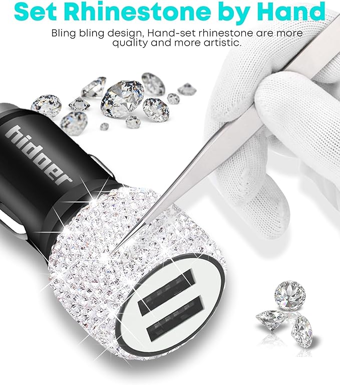 Bling USB Car Charger 5V 2.4A White Crystal Decor Dual Port Fast Adapter with 4ft Nylon Type C Micro USB 3 in 1 Multi Charging Cable for iPhone iPad Android, Auto Interior Accessories for Women