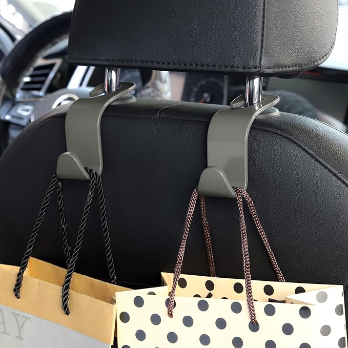 Soleebee 4 Pack Car Headrest Hooks - Universal Auto Hooks, Back Seat Hangers, Storage Organizer (Grey)