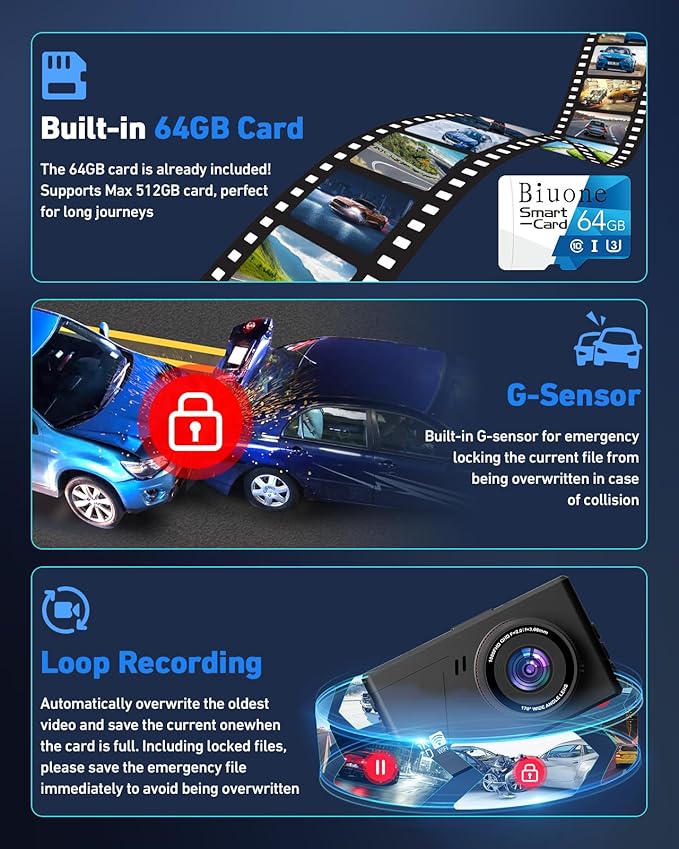 Dash Camera for Cars, 2.5K Dual Dash Cam Front and Rear W/ 64GB Card,3"IPS Screen Car Cam Built-in 5G WIFI,Car Dash Cam with G-Sensor, Loop Recording, Night Vision, 24H Parking Monitor,170°Wide Angle