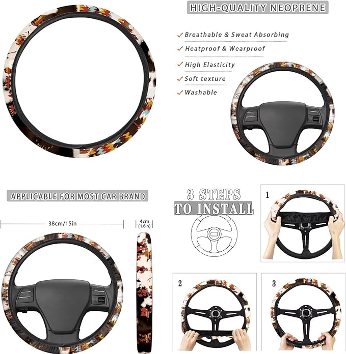 FKELYI Cow Aztec Car Seat Cover Set - Full Set with Handbrake, Gear Shifter, Steering Wheel, Seat Cushions, Headrest Covers and Cup Coasters