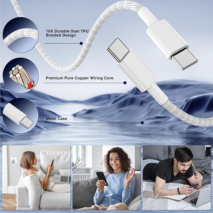 65W Super Fast Charger Type C for Samsung,3 Port 100W PD Quick Charging 3.0 USB C Block & 3/6/10/10FT Braided Type C Cord for Samsung Galaxy S26 Ultra/S26/S25 Ultra/S24/Android/iPhone 17/Laptop-White