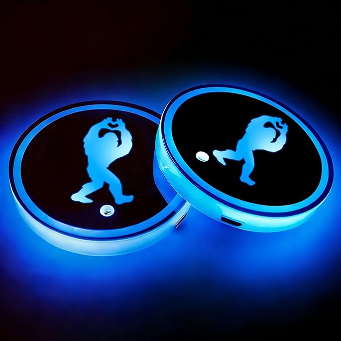 Bigfoot LED Cup Holder Lights for Car,2Pcs LED Light Up Cup Holder Coasters with 7 Colors 3 Modes,Waterproof Interior Atmosphere Lamp,Car Decor Accessories Big Foot Sasquatch Gifts for Women Men
