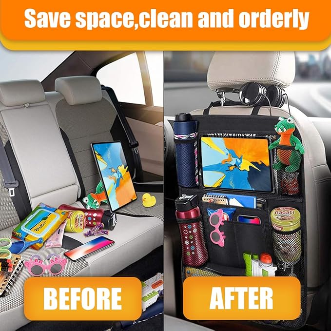 ZIMISI Car Backseat Organizer, Oxford Cloth Kick Mats Back Seat Protector with 9 Pockets & Clear Tablet Holder, Universal Waterproof Car Road Trip Essentials Storage Accessory (1PC)