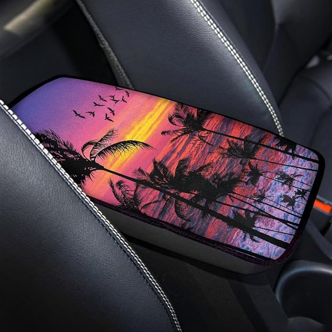 Dreaweet Sunset Palm Tree Print Arm Rest Cover for Car Women Purple Car Center Console Cushion Pad Hawaiian Car Accessories Universal Armrest Cover for SUV Sedan