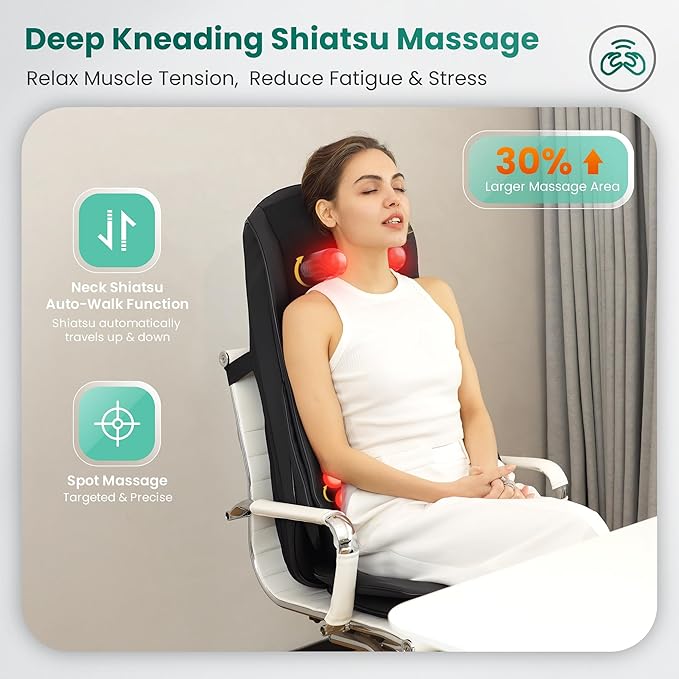 Snailax Shiatsu Neck Back Massager with Heat, Massage Chair Pad with Compression, Height-Adjustable Neck Massage Rollers Chair Seat Massager, Gifts for Men, Women
