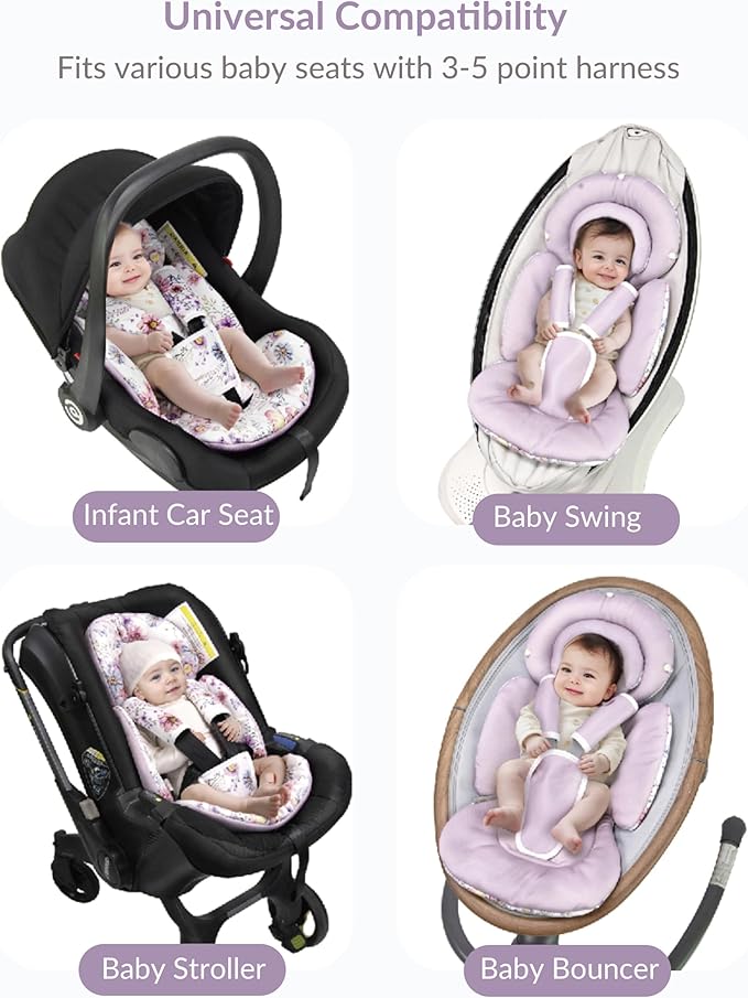 Infant Car Seat Insert with Extra Cushion for Preemie to Toddler, Reversible Newborn Carseat Insert for Baby Head Body Support, Fits for Stroller, Baby Swing, Bouncer (Purple Wildflower)