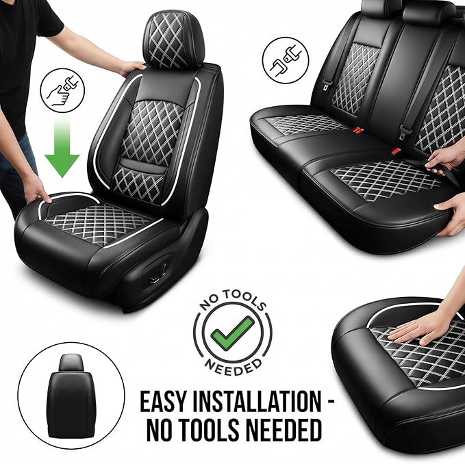 Santa Fe Seat Covers Custom Fit for Hyundai Santa Fe 2007-2026 (Only 5-Seat Version) - Full Set Premium Leather, Waterproof, All-Weather, Airbag Compatible, Car Seat Protectors (Whiteline)