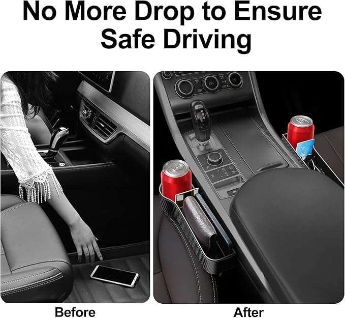 Car Seat Gap Filler, 2 Pack Car Seat Gap Filler Organizer with Cup Holders & 2 Seat Hooks, Car Console Storage Organizer, Car Organizer Front Seat for Storing Phones, Keys, Drinks, Sunglasses