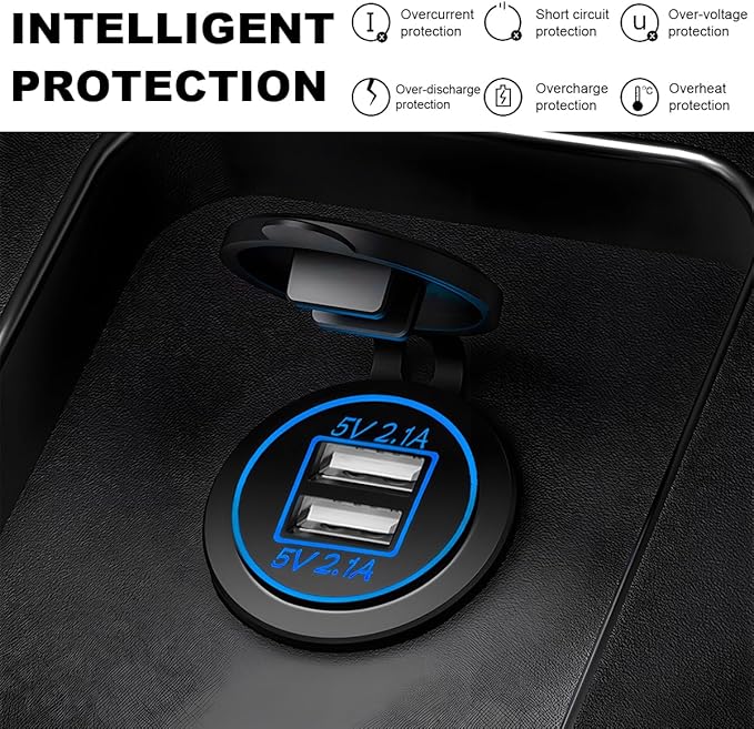 4.2A Dual USB Charger Socket, Waterproof Power Outlet 12V/24V 2.1A & 2.1A Quick Charge Socket, USB Charger Socket with Cap for Car Golf Cart Mobile RV ATV Truck Marine Boat (Blue)