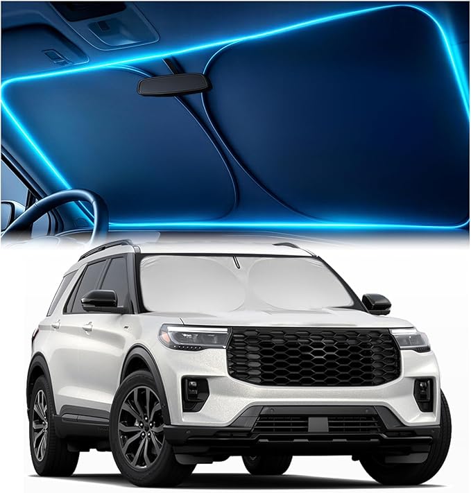 Windshield Sun Shade for Ford Explorer 2020-2026 ST, XLT, Limited, Platinum – Custom Fit Sun Shield with Mirror Cut‑Out, Blocks Heat & UV, Foldable - Ford Explorer Windshield Sunshade