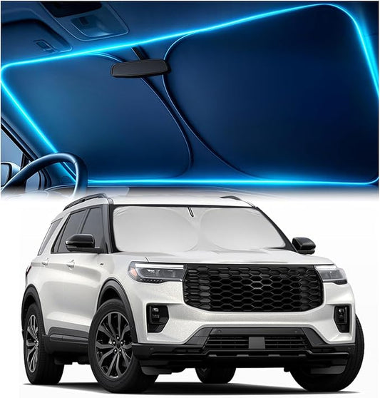 Windshield Sun Shade for Ford Explorer 2020-2026 ST, XLT, Limited, Platinum – Custom Fit Sun Shield with Mirror Cut‑Out, Blocks Heat & UV, Foldable - Ford Explorer Windshield Sunshade