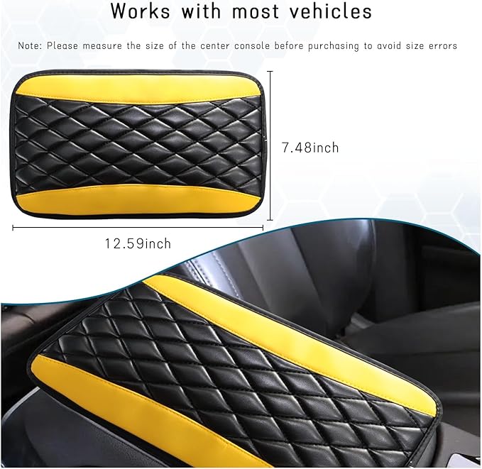 Car Center Console Cushion Pad, Universal Leather Waterproof Armrest Seat Box Cover, Comfortable Auto Armrest Cover Protector, Car Interior Decor Accessories for Most Vehicles (Black & Yellow)