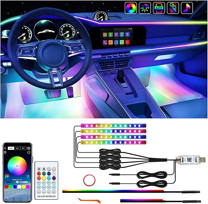 Interior Car LED Strip Light with APP Control,RGB 6 in 1 Neon Ambient Lighting Kits,Under Dash Footwell Automotive Strip Light,Car Ambient Lighting with Music Sync Dynamic Dreamcolor Chasing