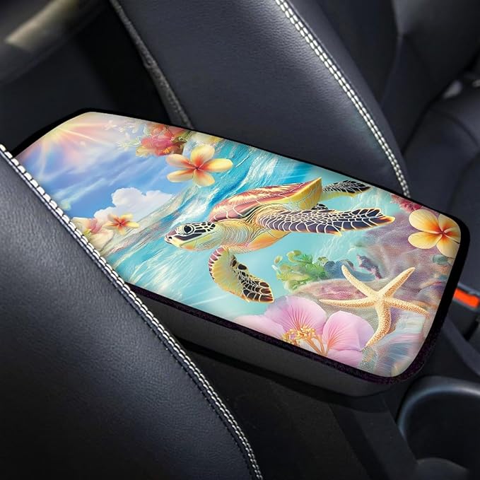 Suobstales Turtle Starfish Hibiscus Plumeria Print Car Armrest Pad Soft Center Console Arm Rest Protector Cover Universal Car Interior Accessories Decoration